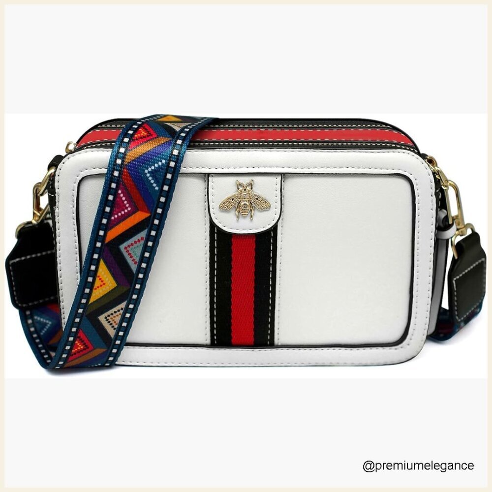 PU Leather Crossbody Bag with Bee Design, Two Detachable Straps, Camera Style